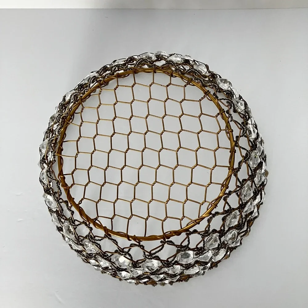 Vintage Gold Wire Crystal Basket Decorative Beaded Bowl Centerpiece 10 Inch